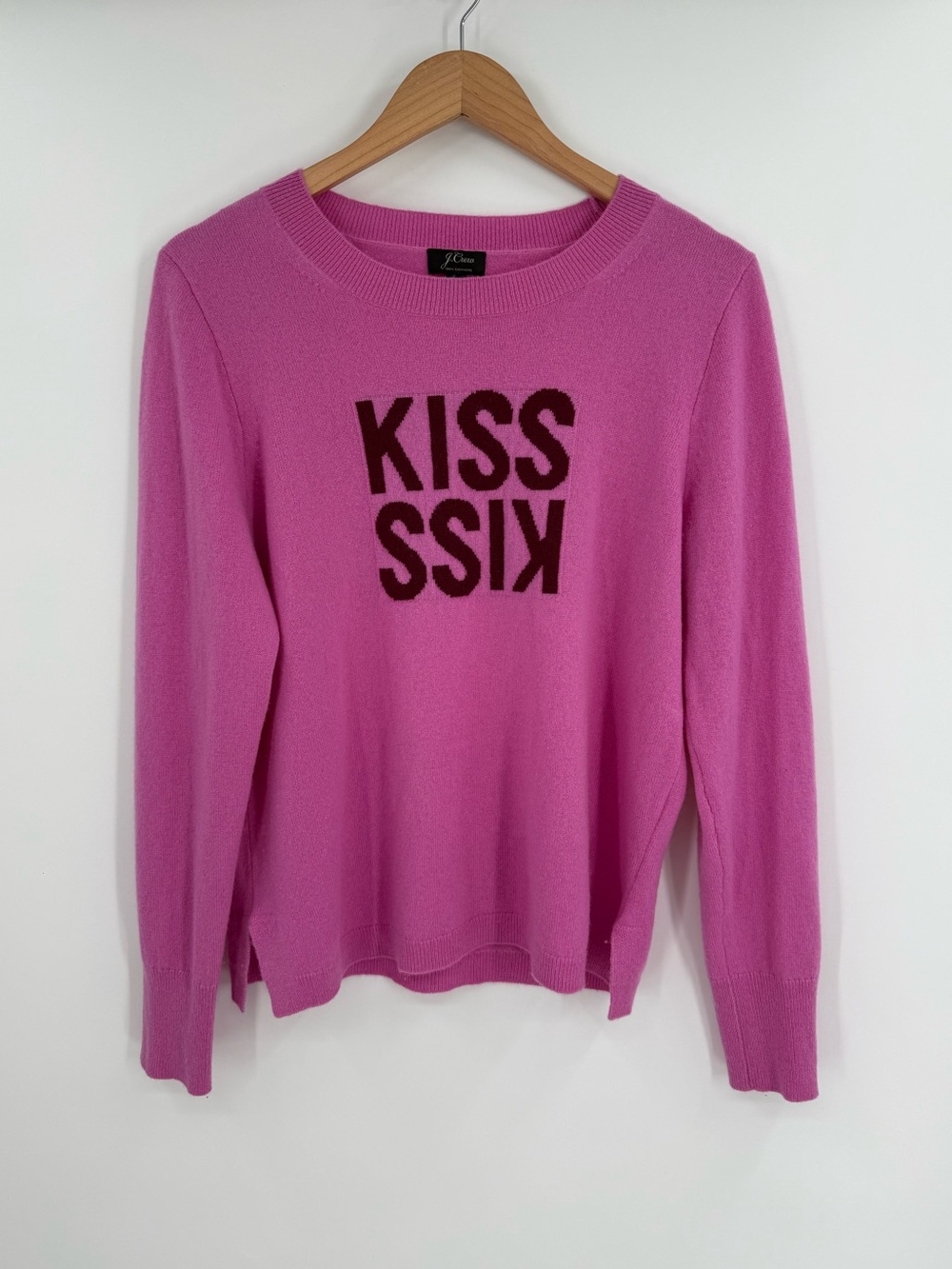 J.Crew Kiss Graphic 100% Cashmere Crewneck Long Sleeve Sweater | Pink | Large